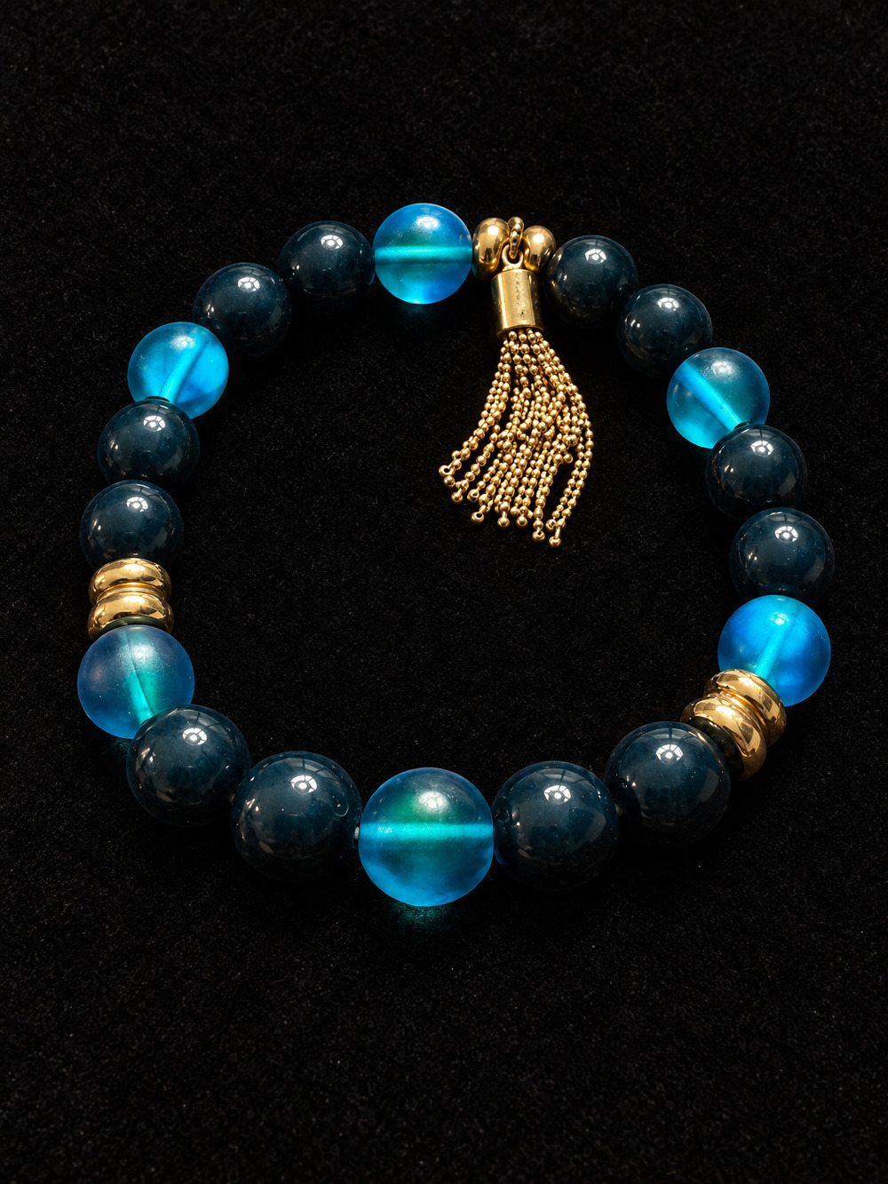 ⚜️ Beaded Stretch Bracelet | Teal & Navy Glass | Gold-Tone Tassel 💗